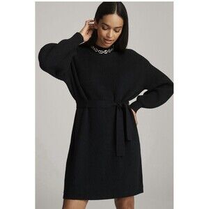 Anthropologie Maeve Long Sleeve Mock  Neck Tie Waist Mini Dress Sz XXS Black